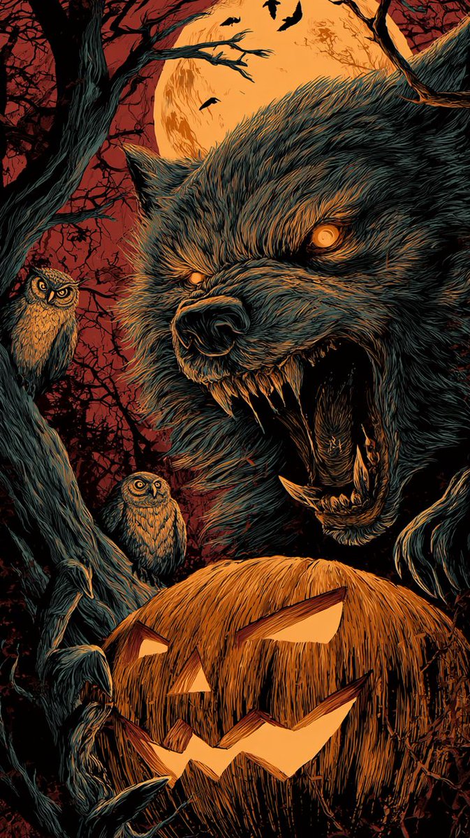 Contest graphic #1 from Howl o Ween – Savage werewolf howling fiercely amid twisted trees, watchful owls, bats, and a carved pumpkin under a crimson harvest moon