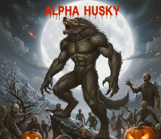 Contest graphic #2 from Howl o Ween – Ferocious Alpha Husky werewolf leading a zombie horde under a blood moon, with scattered pumpkins and fiery chaos in the night