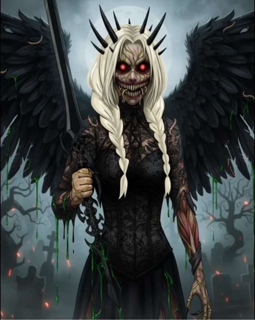 Contest graphic #3 from Howl o Ween – Terrifying winged undead witch with white braids and a jagged sword, emerging from a foggy graveyard with dripping slime and glowing eyes