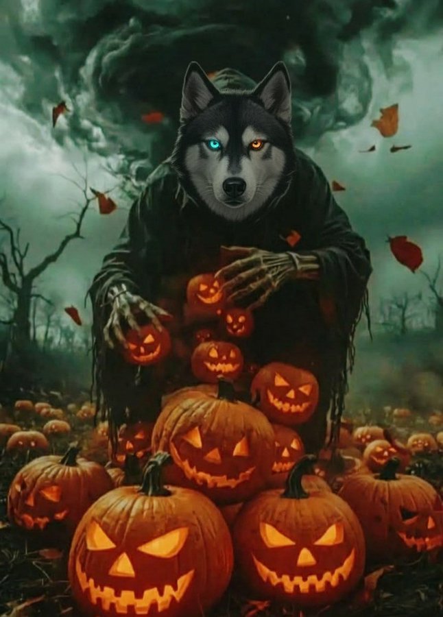 Contest graphic #5 from Howl o Ween – Mysterious hooded husky with skeletal hands clutching a pile of carved pumpkins in a stormy autumn forest filled with falling leaves