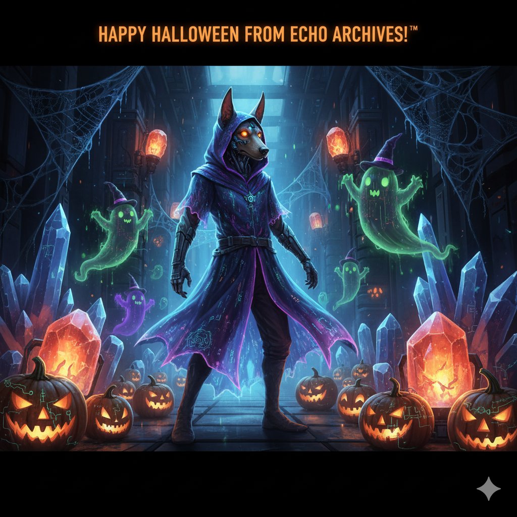 Contest graphic #7 from Howl o Ween – Cyberpunk husky mage in a neon-lit haunted hall, summoning ghosts and crystals amid glowing jack-o'-lanterns and spiderwebs